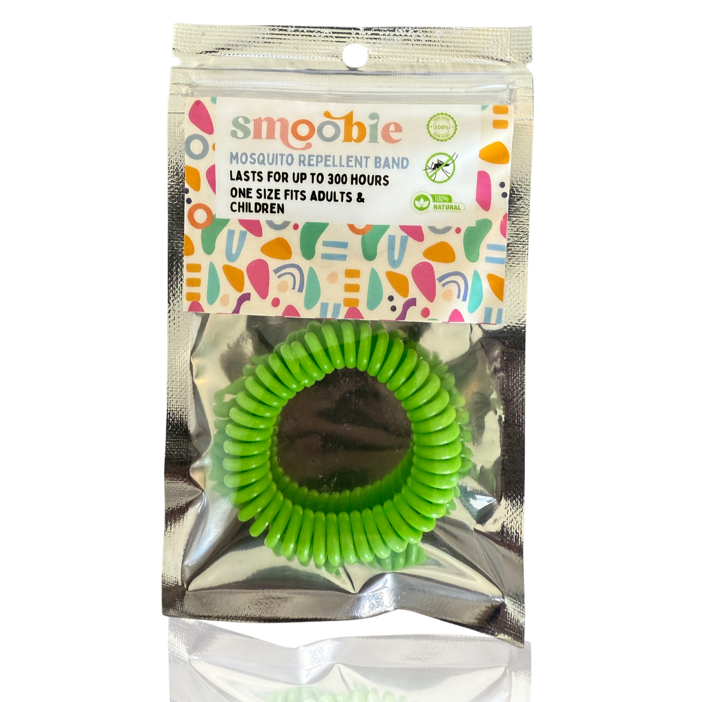 Green mosquito repellent band in packaging with 'Smoobie' branding on a white background