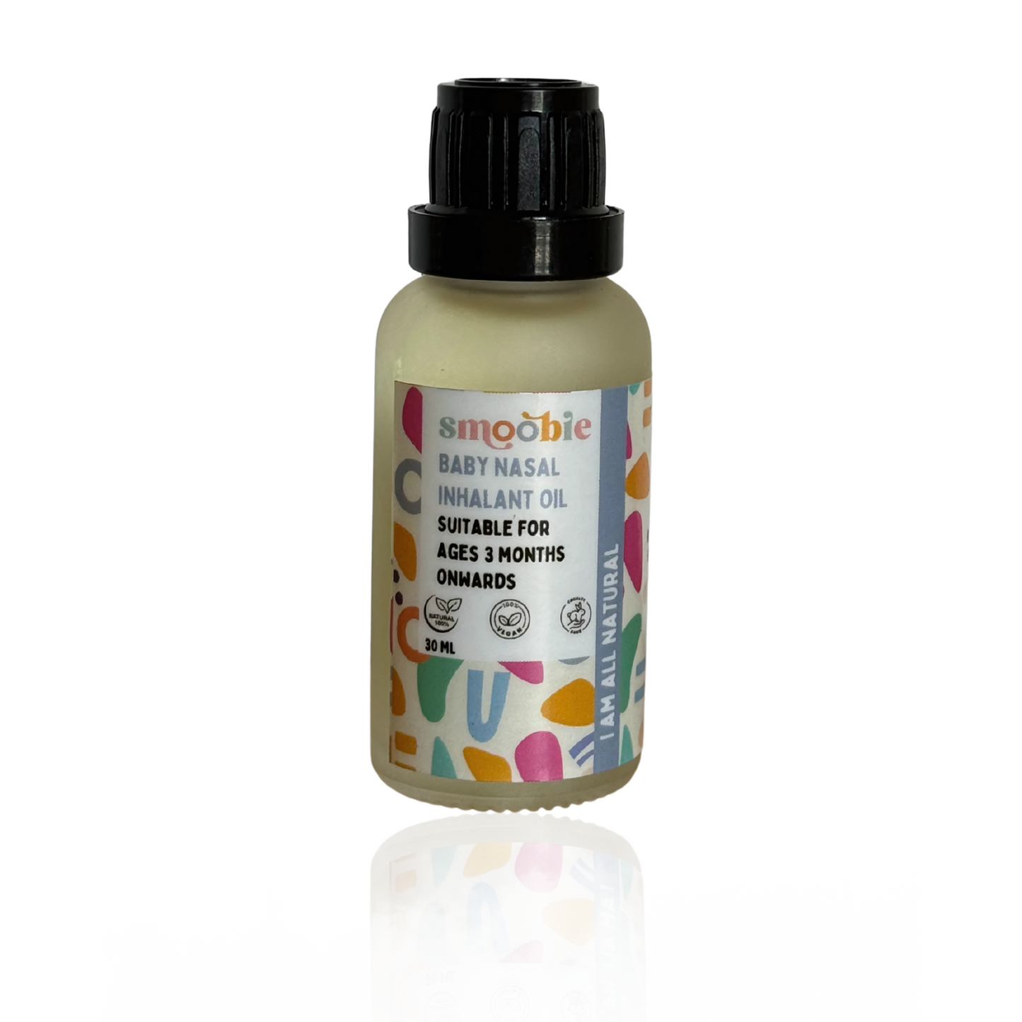 Baby nasal inhalant oil bottle with colorful label on a white background